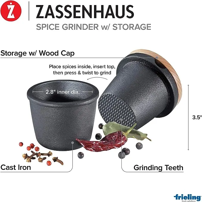 Zassenhaus Cast Iron Spice Grinding Set with Beechwood Lid, 3&#034; Grinder, Black