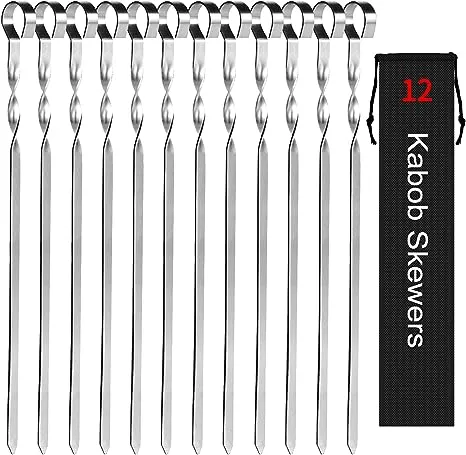 Kabob Skewers 14" Stainless Steel Long BBQ Barbecue Skewers, Flat Metal Kebob Sticks Wide Reusable Grilling Skewers for Meat Chicken, Set of 12pcs with Storage Bag by JY COOKMENT