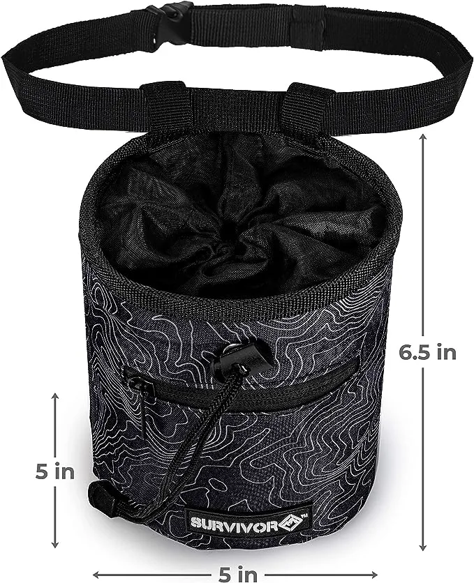 SURVIVOR Chalk Bag - Iconic Topographical Map, Draw String Closure, 2 Zippered Pockets, & Brush Holder - Chalk Bag for Rock Climbing, Bouldering, Weightlifting, Gymnastics & More