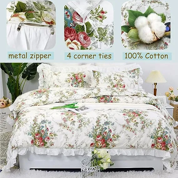 FADFAY Duvet Cover King Floral Shabby Chic Bedding 100% Cotton Ruffle Vintage Rose Comforter Cover French Country Flower Quilt Cover Soft Breathable Zipper Bed Covers 3 Pieces, King/Cal King