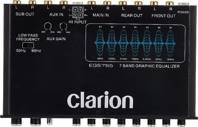 Clarion EQS755 7-Band Car Audio Graphic Equalizer with Front 3.5mm Auxiliary Input, Rear RCA Auxiliary Input and High Level Speaker Inputs, BLACK