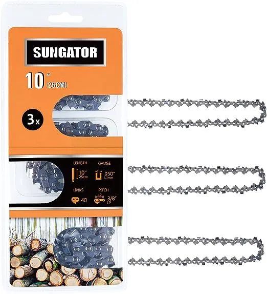 SUNGATOR 3-Pack 10 inch Chainsaw Chain SG-S40, 3/8" LP Pitch - .050" Gauge - 40 Drive Links, Compatible with Remington, Craftsman, Poulan, Worx