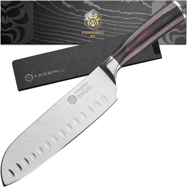 KESSAKU Santoku Knife - 7 inch - Samurai Series - Razor Sharp Kitchen Knife - Forged 7Cr17MoV High Carbon Stainless Steel - Wood Handle with Blade Guard