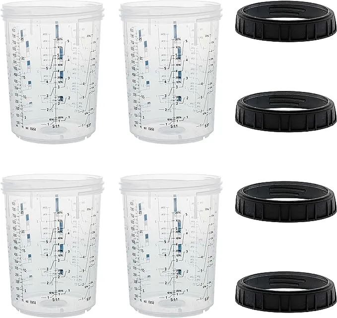 Master Paint System MPS, 4 Pack Set of Large Size 27 Ounce (800ml) Hard Cups and Retainer Rings - 4 Hard Cups and 4 Rings for Use with The MPS Disposable Paint Spray Gun Cup Liners and Lid System