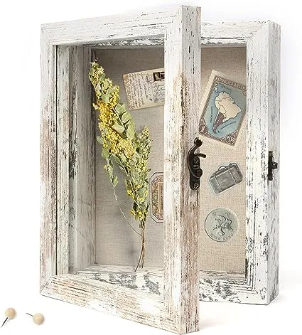 LotFancy Shadow Box Frame, 8x10 Memory Box Picture Frame, Display Case for Bouquet, Photos, Keepsakes, Medals, Rustic White, 10 Pushpins Included