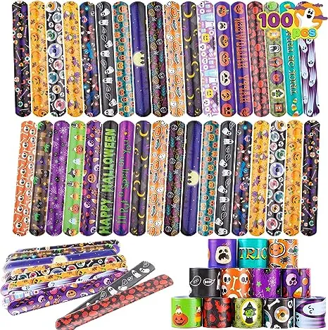 100Pcs Halloween Slap Bracelets, Halloween Party Favors Treat Toys for Kids Girls Boys, Slap Bracelets Bulk for Halloween Party Supplies, Halloween Treat Goodie Bags Gifts