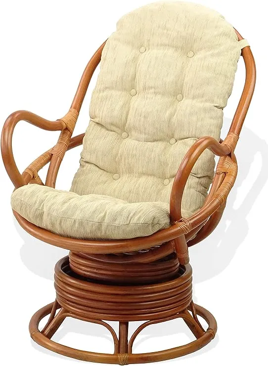 Java Lounge Swivel Rocking Chair with Cream Cushion Natural Rattan Wicker Handmade, Colonial