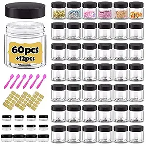 2 oz Plastic Containers with Lids 60pcs Plastic Jars with Lids + 3/5/10 Gram 12pcs Sample Containers Travel Jar– Great for Lip Scrub,Body Butters,Cream,Lotion Labels & Spatulas (72 Pack)