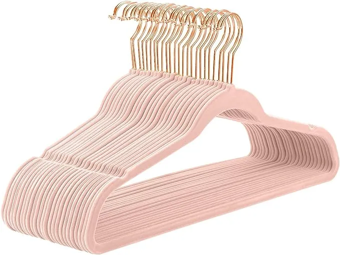 MIZGI Premium Velvet Hangers (50 Pack) Heavy Duty - Non Slip Felt Hangers - Velvet Suit Hangers Black - Rose Gold Hooks,Space Saving Clothes Hangers