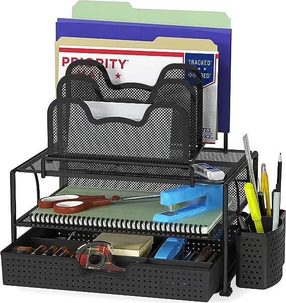 SimpleHouseware Mesh Desk Organizer with Sliding Drawer, Double Tray and 5 Upright Sections, Silver