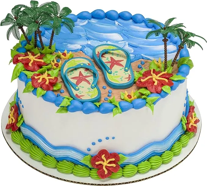 DecoSet Summer Flip Flops Cake Decoration, 5 Piece Beach Cake Topper With Magnetic Flip Flops And Palm Trees