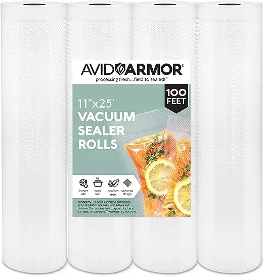 Avid Armor Vacuum Sealer Bags - 4 Pack, 11x25 Rolls | BPA-Free Vacuum Seal Bags for Food Storage, Meal Prep, Sous Vide | Heavy Duty Vacuum Sealer Bags, Fits Foodsaver & Seal a Meal