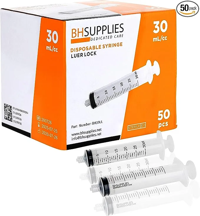 BH Supplies 30ml Luer Lock Tip Syringes (No Needle) - Sterile, Individually Wrapped - 50 Syringes