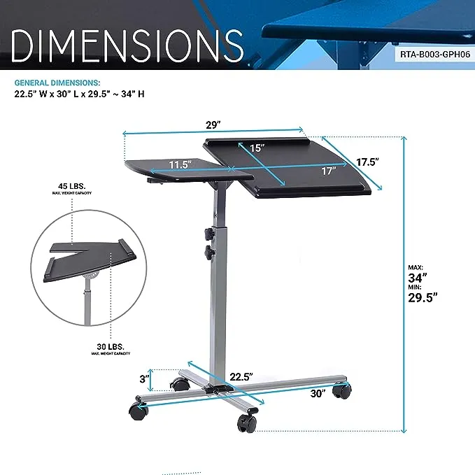 Techni Mobili Rolling Adjustable Laptop Cart, Graphite