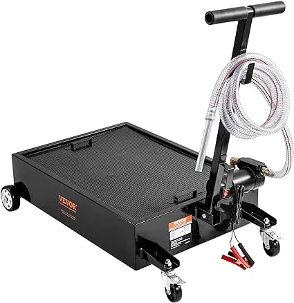 VEVOR Low Profile Oil Drain Pan 15 Gallon Oil Drain Pan with Pump Oil Change Pan with 180W Electric Pump 8.2ft Hose & Folding Handle Rolling Oil