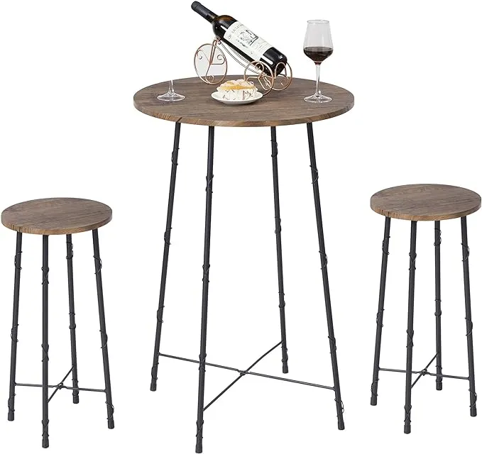 VECELO 3 Piece Round Pub Dining Set, High Top Bar Table and Stools for 2, Bistro Dinette with/Chairs for Small Space, Easy Assembly, Grey Oak