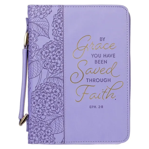 Christian Art Gifts Faux Leather Fashion Bible Cover for Women: by Grace You Have Been Saved - Ephesians 2:8 Inspirational Bible Verse, Hydrangea Lavender-Purple, Medium