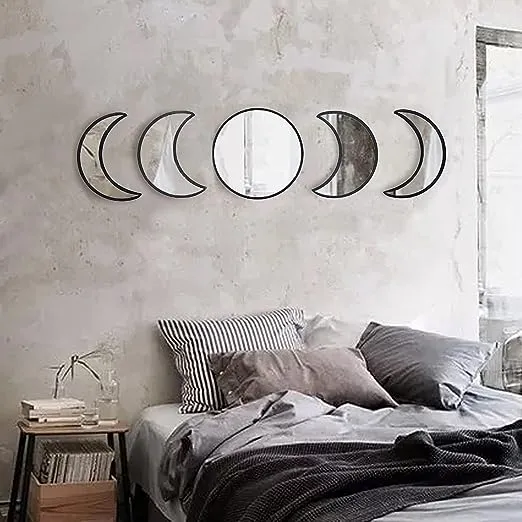 YUBAIHUI Moon Phase Mirror Set, 5pcs Boho Moon Wall Decor for Home Bohemian Bedroom Decoration Living Room Decor, Acrylic Mirror,Not Real Mirror