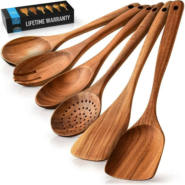 Zulay Kitchen Teak Wooden Cooking Spoons 6 Pc.