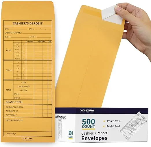 Volcora 500 Pack Cashier Envelopes, Cash Deposit Envelopes, Self Adhesive Cash Envelopes, Money Envelopes, Brown Kraft Bank Deposit Slips for Retailers, Restaurants, Small Businesses, Stores