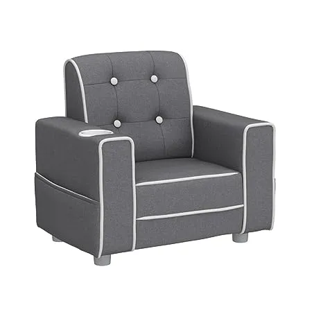 Delta Children Chelsea Kids Upholstered Chair with Cup Holder, Soft Gray