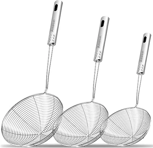 Anaeat Stainless Steel Spider Strainer Skimmer, Set of 3 Professional Kitchen Pasta Strainer Spoon with Long Handle - Asian Strainer Ladle Wire Skimmer Spoons for Cooking and Frying (4.5"+5.3"+6.1")