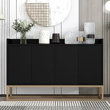 BELLEZE Sideboard Buffet Cabinet, 63" Storage Cabinet with Fluted Decorative Doors, Modern Console Table for Dinning Room, Kitchen & Living Room - Colemen (Ebony)