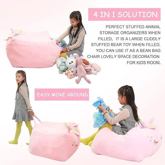 Unicorn Stuffed Animal Toy Storage, Bean Bag Chair Cover ONLY, Velvet Extra Soft Organization Replace Mesh Hammock for Kids Blankets Towels Clothes Home Supplies Pink