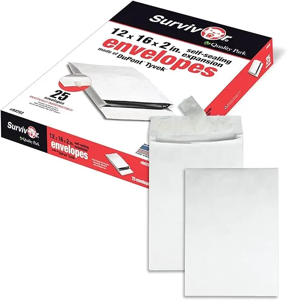 Quality Park Survivor 12 x 16 x 2 Tyvek Expansion Catalog Mailers with Self Seal Closure, 14 lb, Puncture, Tear and Moisture Resistant Dupont Tyvek Envelopes, 25/Box (R4292)