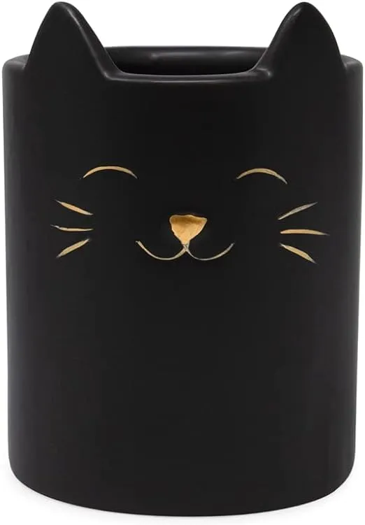 Isaac Jacobs Black Ceramic Cat Makeup Brush Holder, Multi-Purpose Cup Organizer. Bathroom, Kitchen, Bedroom, Office Décor (Single Cup, Matte Black)