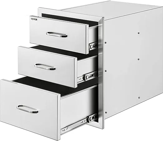 Outdoor Kitchen Drawers,Stainless Steel BBQ Drawer, 14" W x 20.5" H x 23" D Flush Mount Triple Access Drawer for Outdoor Kitchen,BBQ Island