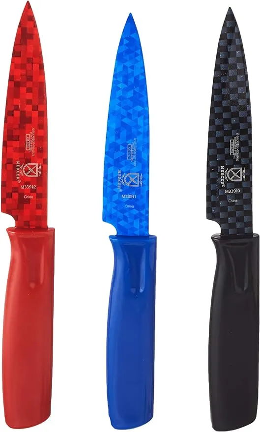 Mercer Culinary Non-Stick Paring Knives with ABS Sheaths, 4 Inch, Red/Blue/Black, 3 Pack