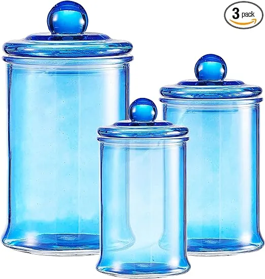 KMwares 3PCs Set Small Glass Premium Quality Apothecary Jars with lids Bathroom Accessories Set for Laundry Room Storage Kitchen/Vanity Organizer Canisters for Cotton Balls, Sponges,Q-Tips(Blue jar)