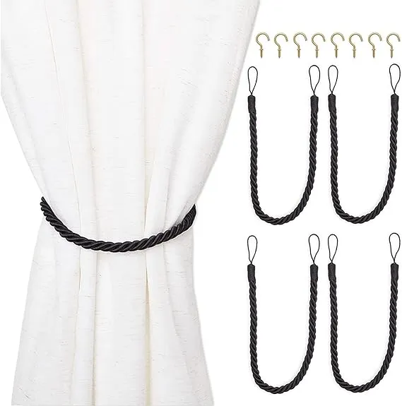 4 Black Rope Curtain Tiebacks with 8 Hooks, Holdbacks for Drapes (26 in, 12 Pcs)