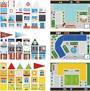 PicassoTiles 80pc School, Hospital, Police Station 3-in-1 Theme Magnet Self Adhesive Backing Stick-On Puzzle Graphic Kit and Overlay Maps for Magnetic Building Blocks STEM Learning Construction Toy