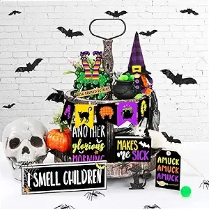 49PCS Halloween Tiered Tray Decor Farmhouse Rustic Tiered Tray Set 10Pieces Halloween Wooden Signs Halloween Decorations for Indoor Home Table Room Kitchen House, Tray Not Included