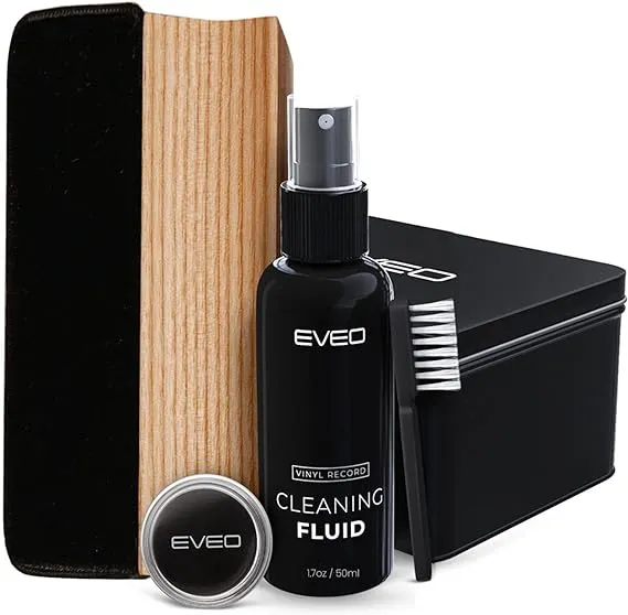 EVEO Premium Vinyl Record Cleaner Kit - Complete 4-in-1 Vinyl Records Cleaning Kit for Records Albums-Includes Soft Velvet Record Brush,Cleaning Liquid,Duster &Turntable Stylus Cleaning Gel