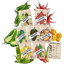 Sustainable Sprout Hot Pepper Seeds Variety Pack of 7 - Heirloom Chili Pepper Seeds: Cayenne, Anaheim, Hungarian Wax Pepper, Habanero, Serrano, Poblano, & Jalapeno Seeds, Pepper Seeds for Planting