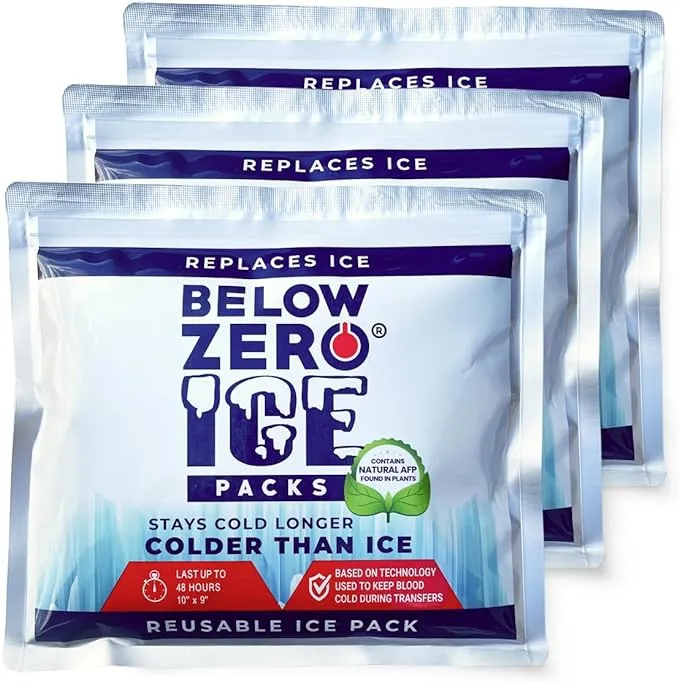 BELOW ZERO Jumbo Size Reusable Ice Packs for Large Coolers and Lunch Bags – Patent Pending Coldest and Longest Lasting Technology, 48 Hour Cooling Ice Gel Pack - Factory Filled Sealed - 2PK XL 14”x10”