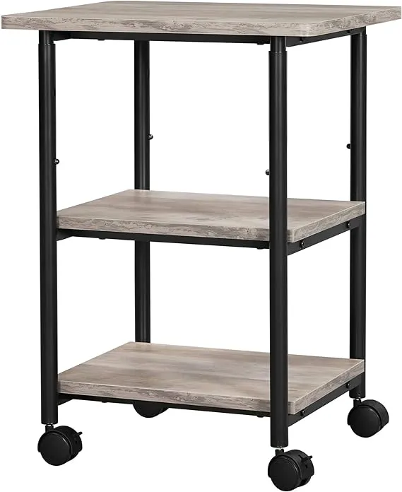 VASAGLE Industrial Printer Stand, 3-Tier Machine Cart with Wheels and Adjustable Table Top, Heavy Duty Storage Rack for Office and Home, Greige and Black UOPS003B02