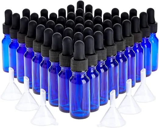 Juvale 24 Count 4 oz Blue Glass Dropper Bottles and 6 Funnels (120 mL, 30 Pieces)