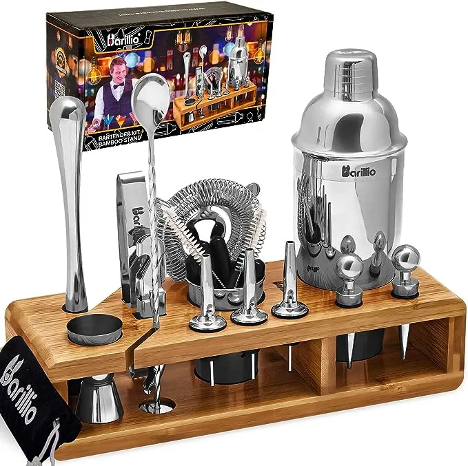 Barillio Bartender Kit - Stainless-Steel Cocktail Shaker Set w/Bamboo Stand - Mixology Bar Tools w/Drink Shaker, Mixer Spoon & Muddler for Cocktails - Home Bar Accessories - 23-Pc Bar Set - Silver