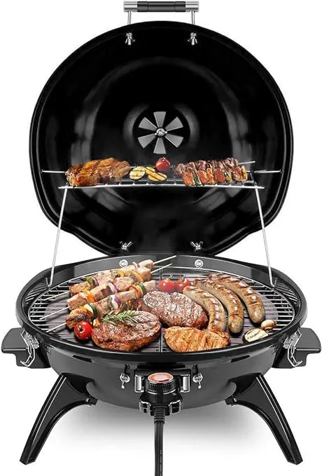 Electric BBQ Grill Techwood 15-Serving Indoor/Outdoor Electric Grill for Indoor & Outdoor Use, Double Layer Design, Portable Removable Stand Grill, 1600W (Countertop Black BBQ Grill)