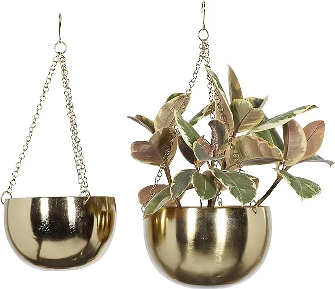 Deco 79 Metal Indoor Outdoor Wall Planter Indoor Outdoor Hanging Dome Hanging Planter with Chain, Set of 2 Plant Hanger 5", 6"H, Gold