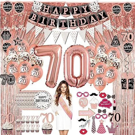 70th birthday decorations for women - (76pack) rose gold party Banner, Pennant, Hanging Swirl, birthday Balloons, Foil Backdrops, cupcake Topper, plates, Photo Props, Birthday Sash for gifts women