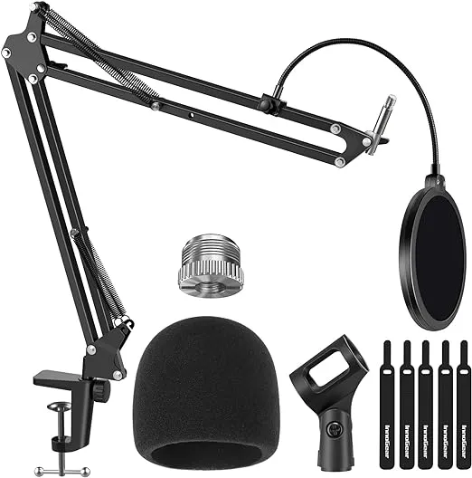 InnoGear Mic Stand for Blue Yeti, Heavy Duty Microphone Stand with Microphone Windscreen and Dual Layered Mic Pop Filter Suspension Boom Scissor Arm Stands for Blue Spark and Other Mics, Medium