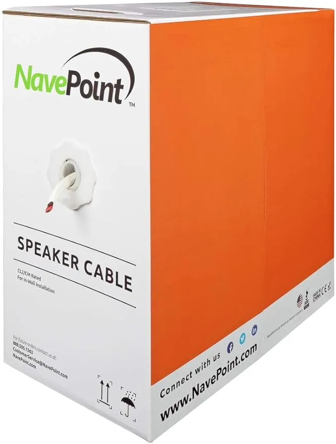 NavePoint 500ft in Wall Audio Speaker Cable Wire CL2 14/4 AWG Gauge 4 Conductor Bulk White