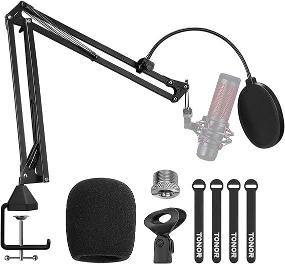 Microphone Arm Stand, TONOR Adjustable Suspension Boom Scissor Mic Stand with Pop Filter, 3/8" to 5/8" Adapter, Mic Clip, Upgraded Heavy Duty Clamp for Hyperx Blue Yeti Rode Elgato etc. Mics (T20)