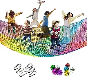 Kids Playground Climbing Cargo Net - 9.8 x 9.8Ft Kids Playground Safety Net,Polyester Double Layers Rope Bridge Net for Tree House and Outdoor Adventure（Rainbow）