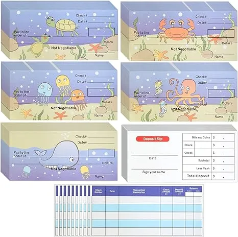 BLUE PANDA 150 Sheets Fake Checkbook for Kids Learning with Pretend Deposit Slip and Check Register for Play School Supplies, Ocean Themed - Pretend Checkbook